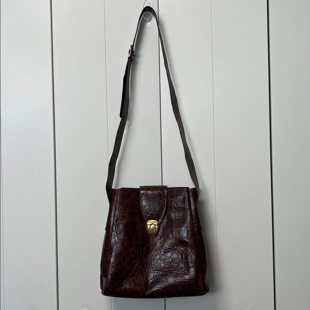 👜Darpiel-Brown Croc Embossed Shoulder Bag